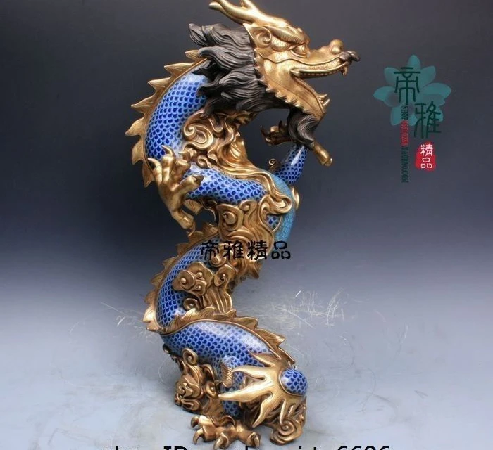 

China Pure Bronze Copper Cloisonne 24K Gold Gild Auspicious Zodiac Dragon Statue