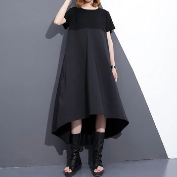 

LANMREM 2020 New Spring Summer Round Neck Short Sleeve Black Loose Hit Coor Back Long Pleated Stich Dress Women Fashion Tide F55