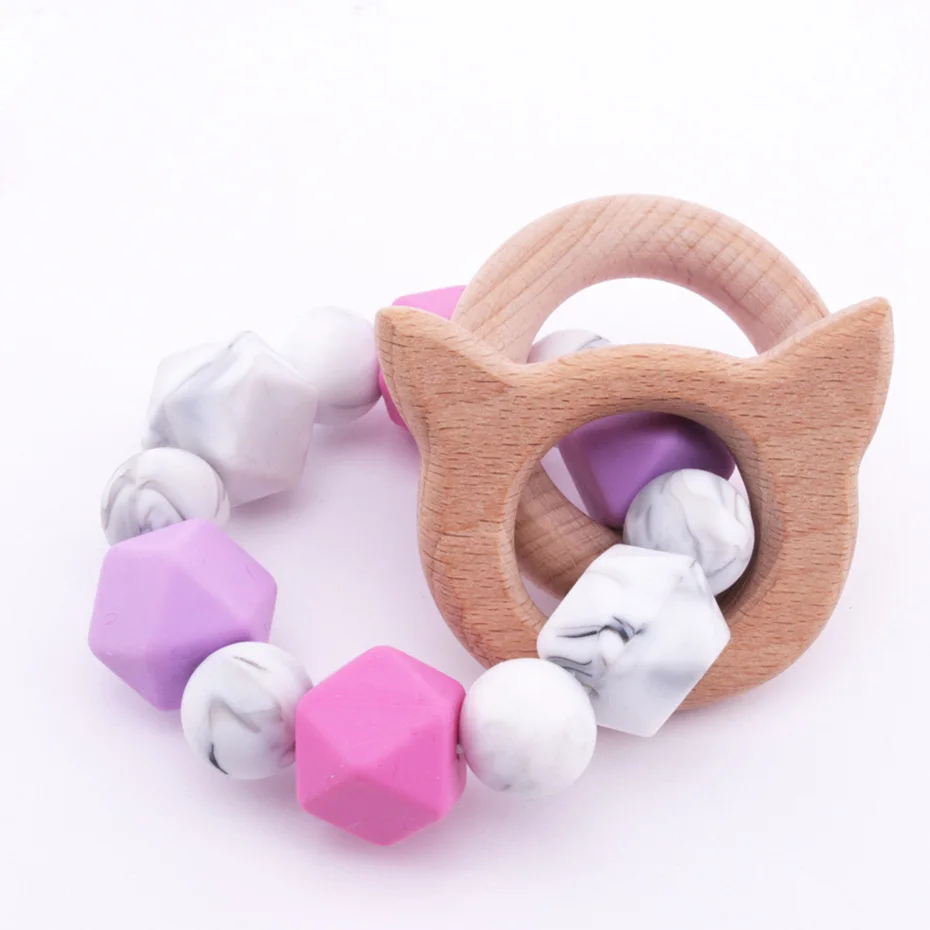 

Bite Bites 1PC Silicone Beads Baby Bracelet Beech Wooden Ring Cat Rodent Food Grade Chewable Teething Toys BPA Free Baby Teether