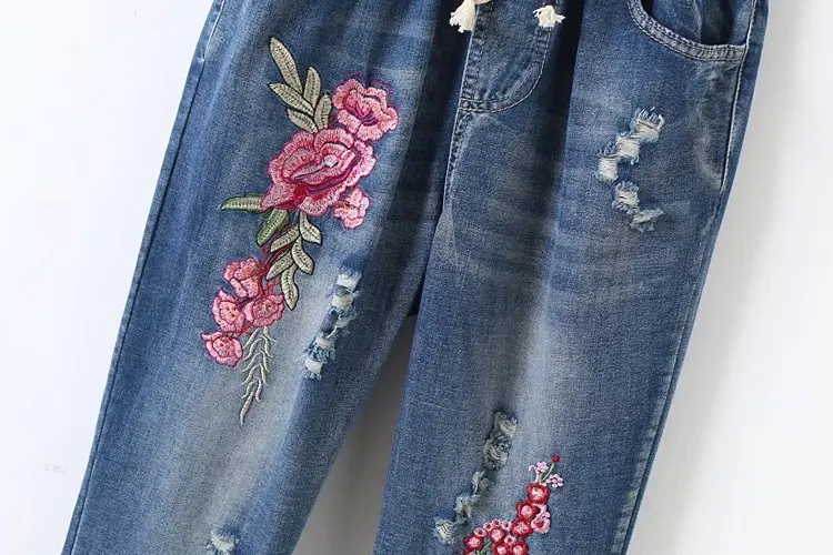Женские приталенные Стрейчевые штаны с высокой талией обтягивающие джинсы с вышивкой без рваных женских цветочных джинсовые брюки с дырками штаны женские джинсы
