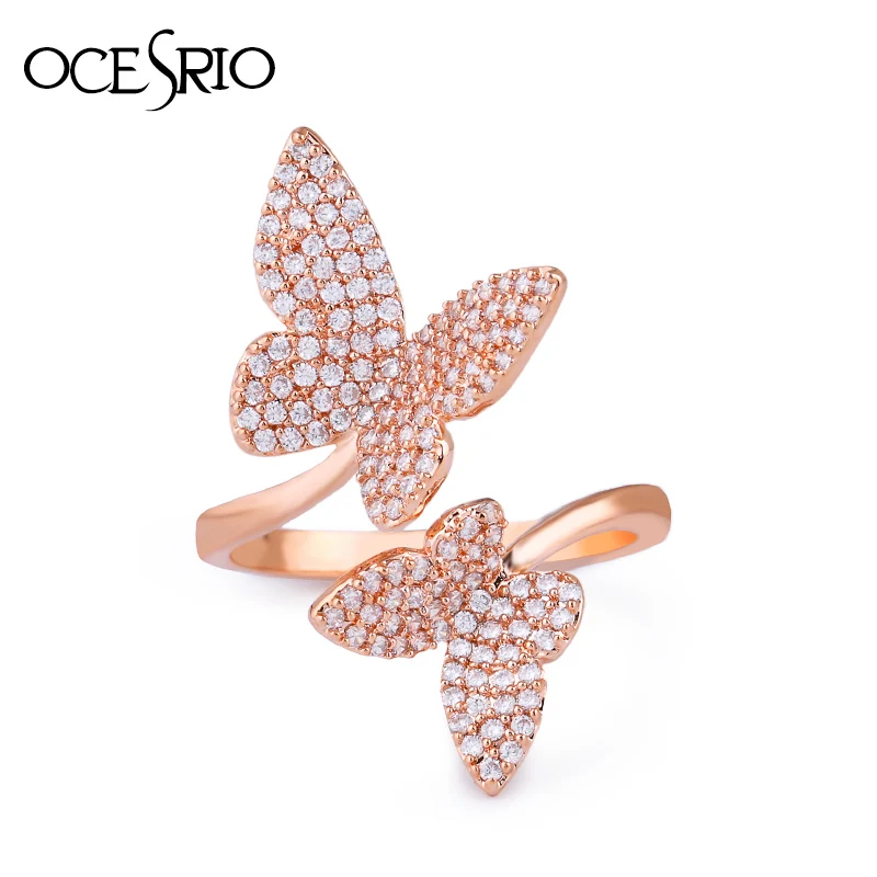 

OCESRIO New Cubic Zirconia Open Butterfly Rings for Women Adjustable Rose Gold Ring Crystal Women jewelry Accessories rig-h59