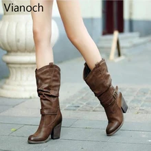 Новые модные женские ботинки туфли-лодочки на платформе до колена зимняя обувь на меху на высоком каблуке теплая женская обувь, aa0490