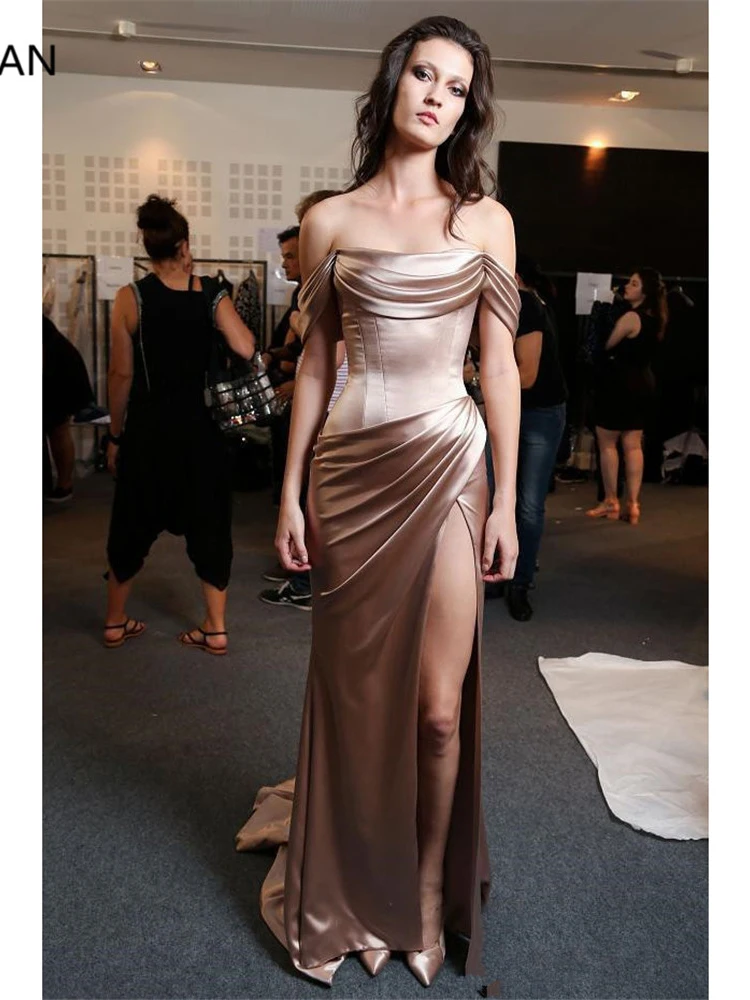 blue prom dresses Sexy 2019 Mermaid Evening Dresses Long Rose Gold Elastic Silk Like Satin Off Shoulder Neck Sheath Side Split Formal Evening Gown prom & dance dresses