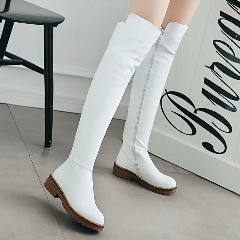 TAOFFEN Women Over The Knee Boots Hot Sale Daily Fashion White Boots Zipper Flats Shoes Woman Female Footwear Size 34-43