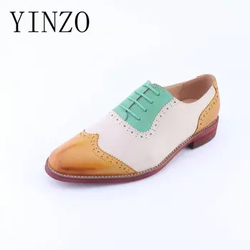 

YINZO brand shoes fashion Genuine leather Carved oxford shoes for women College style women's casual shoes Lace Up Ladies Flats