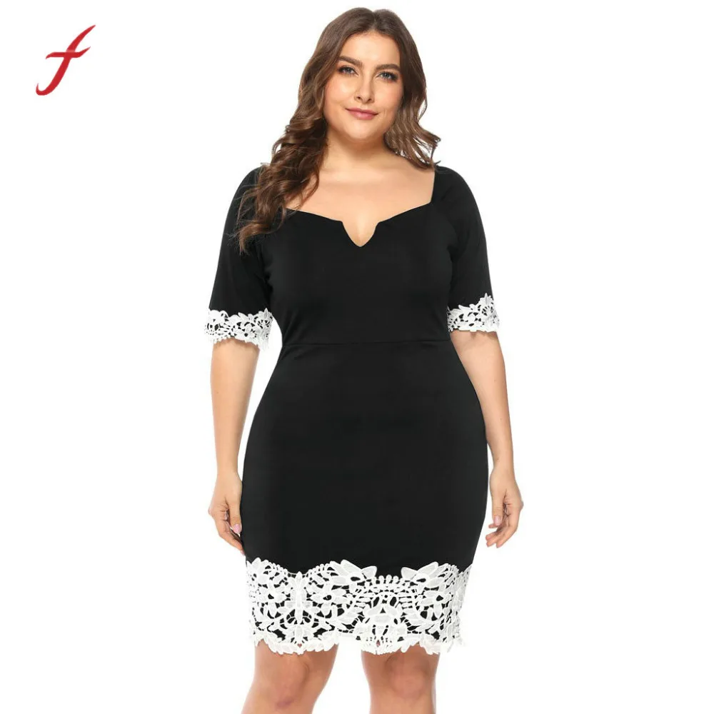 

Feitong Women Casual Dresses Plus Size Vestidos Lace Splice V-neck Short Sleeve Women Dress Summer zomerjurk dames Vestido Veran