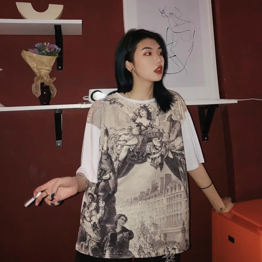

Original Sufeng loose BF ancient girl pattern short-sleeved T-shirt female tide summer 2019 retro leisure tee