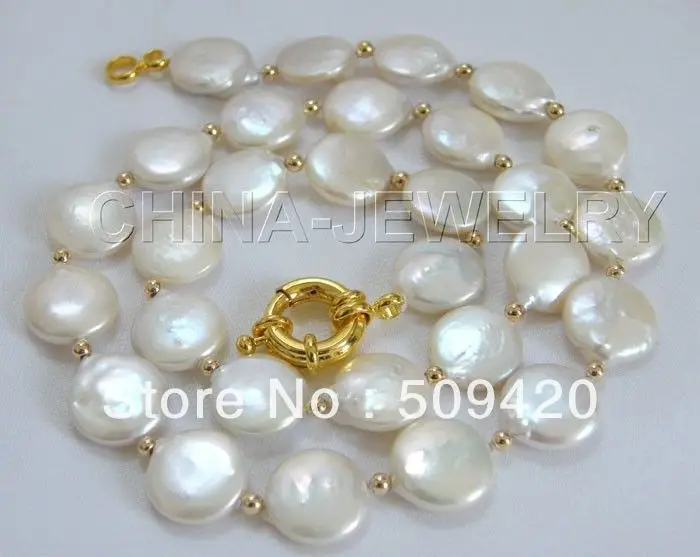 

~~ Free Shipping >>18"14mm natural white coin FW pearl &gold bead necklace
