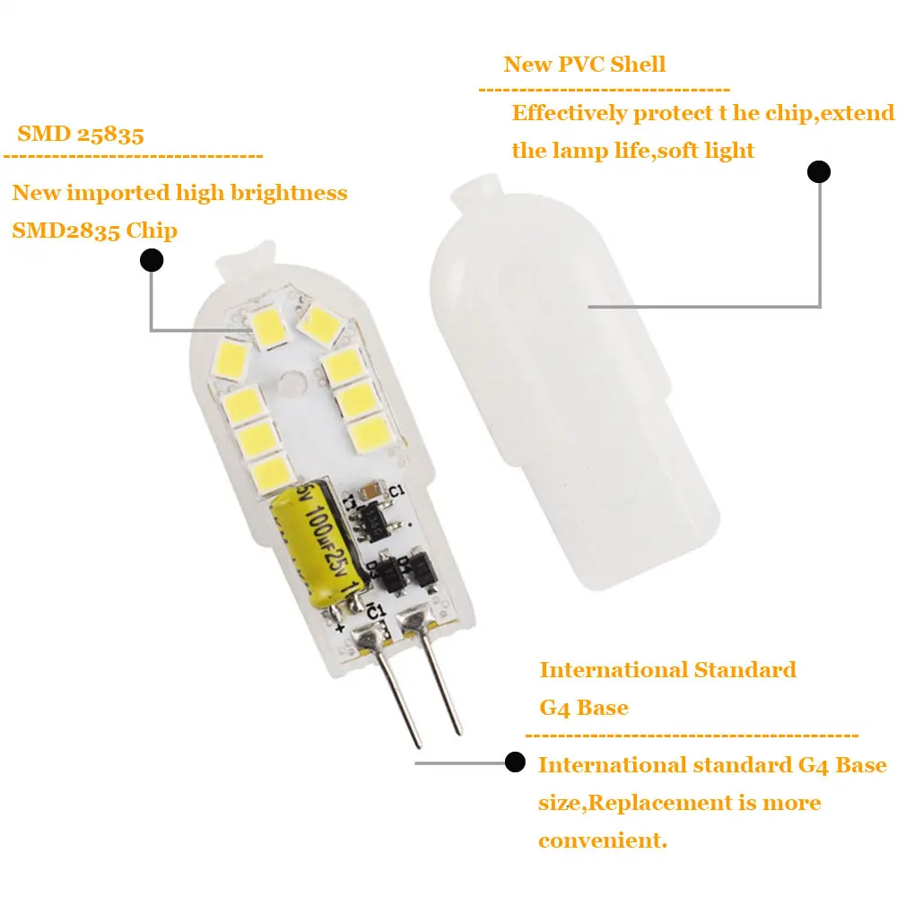 10 шт./лот мини G4 светодиодная лампа 2W SMD2835 лампада AC/DC12V LED лампы молочно замены