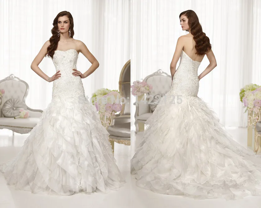 2015 Popular A line Strapless Essense Wedding Dresses D1559 Lace Up Appliques Beads Pleat Backless Chapel Train Bridal Gowns | Свадьбы и