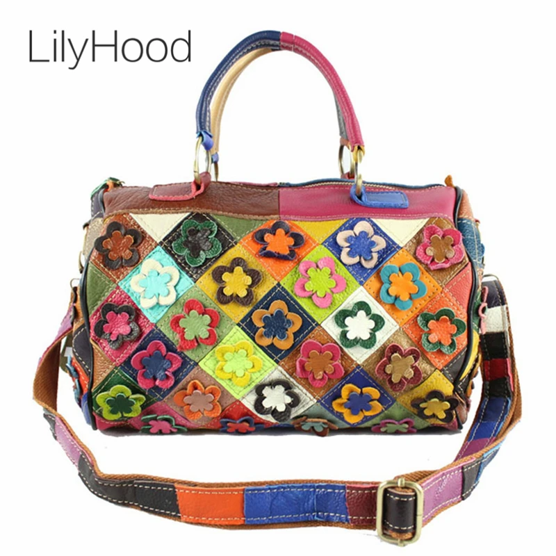

LilyHood Mini Duffle Cow Leather Bag Women Fashion Luxury Casual Floral Barrel Colorful Handle Shoulder Bag