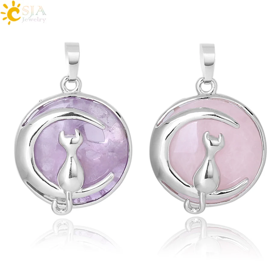 CSJA pierre naturelle et cristaux pendentif pierre naturelle collier rond en pierre naturelle, pendentif chat lune mignon chaton porte-bonheur, bijoux adaptés aux femmes et filles, cadeau pierres naturelles véritables