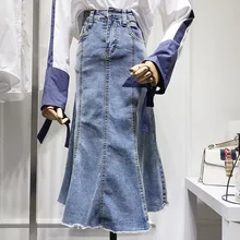 Новинка года; женская облегающая длинная джинсовая юбка с завышенной талией; сезон весна-лето; Простые синие джинсовые юбки для студентов
