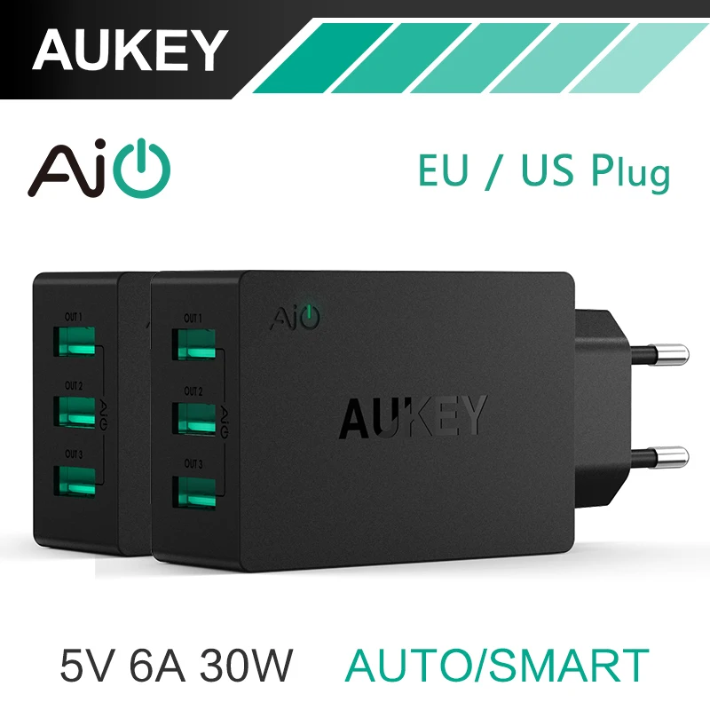 Aukey 5V6A Universal Travel USB Charger Adapter EU US Plug Wall Mobile Phone Smart Charger for iPhone Tablet Xiaomi Red HTC SONY
