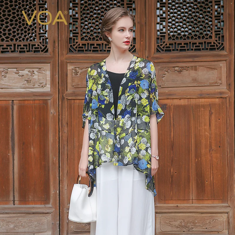 

VOA 2017 Summer Silk Chiffon Floral Print Thin Coat Comfort Plus Size 5XL Casual Basic Long Bohemian Women Cardigan B7083