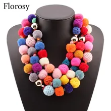 Florosy Festival Handmade Chunky Statement Necklace For Women Design Colorful Pom Pom Cotton Bead Ball Gold Chain Necklace New