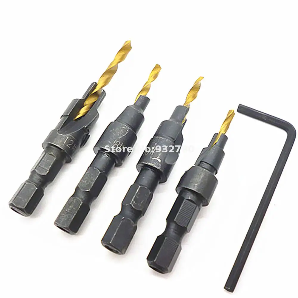 4pc Woodworking Titanium Countersink Drill Bit 1/4" Hex Shank