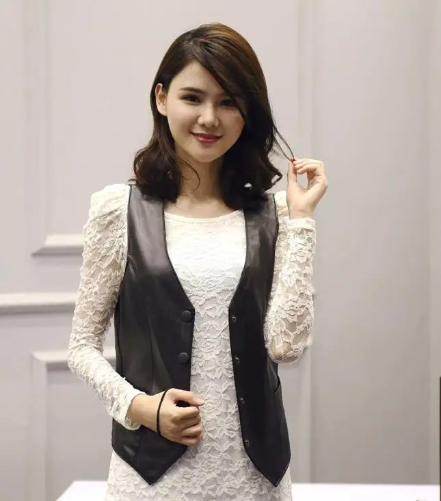 New Black British Women's Slim Fit Genuine Leather Vest Casual Business Suit Sheepskin Leather