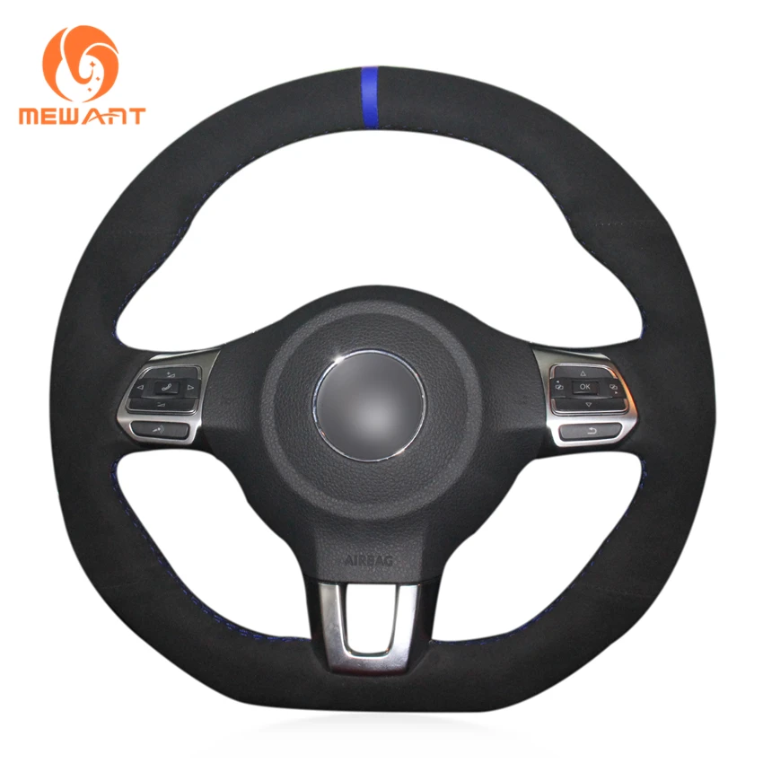 Чехол на руль MEWANT из черной замши и натуральной кожи для Volkswagen VW Golf 6 (VI) GTI Polo (R-Line)