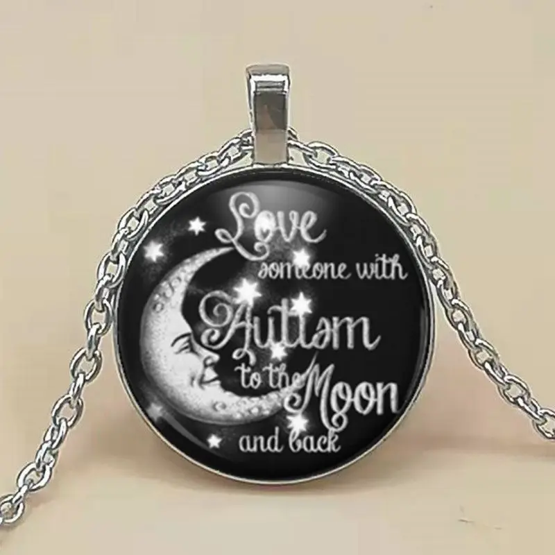 

Love Someone with Autism To The Moon and Back Photo Tibet Silver Cabochon Glass Pendant Chain Necklace