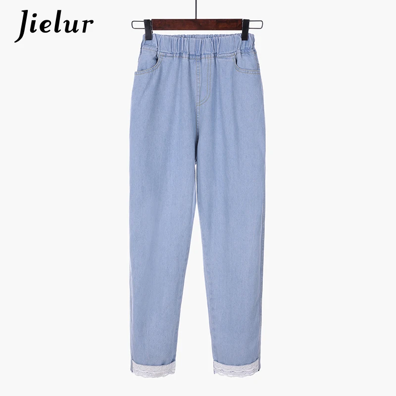 Jielur, шикарные S-5XL, Kawaii, кружевные джинсы, Mujer,, корейские короткие синие джинсы с высокой талией, эластичные модные джинсы размера плюс, Прямая поставка