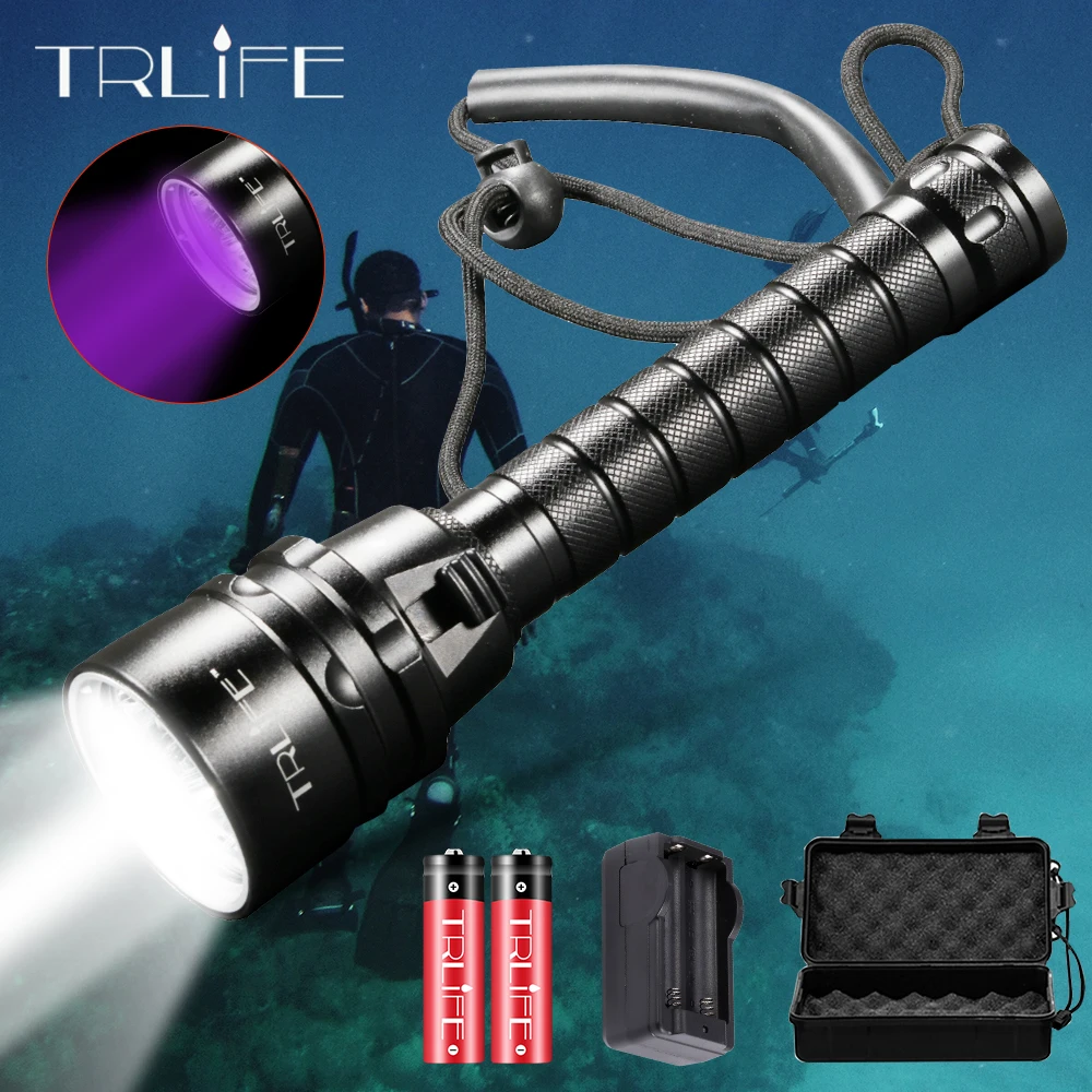 

30000LM Scuba Waterproof LED Diving Flashlight 5L2 5UV Flash Light Lantern Torch 200M Underwater Purple White Light Ultraviolet