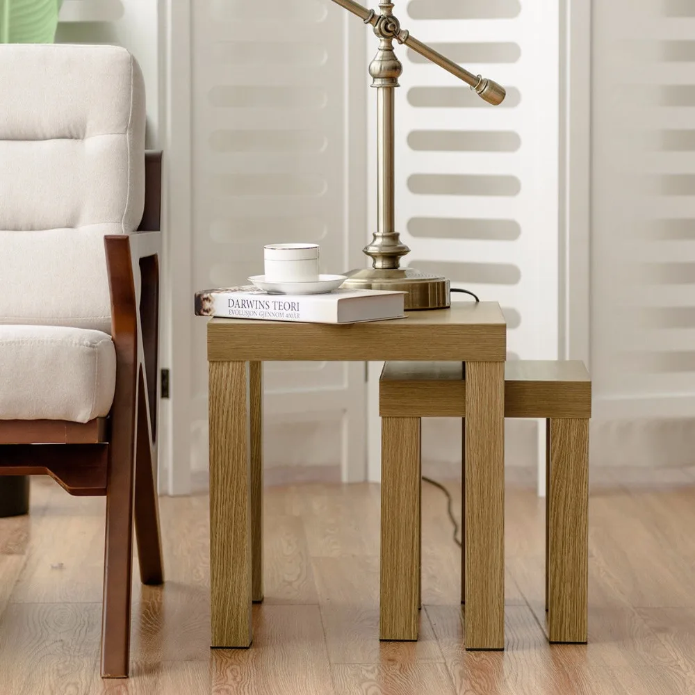 Giantex Set of 2 Nesting Coffee End Table Side Tables Living Room Home Decor Wood Color Home Furniture HW58204