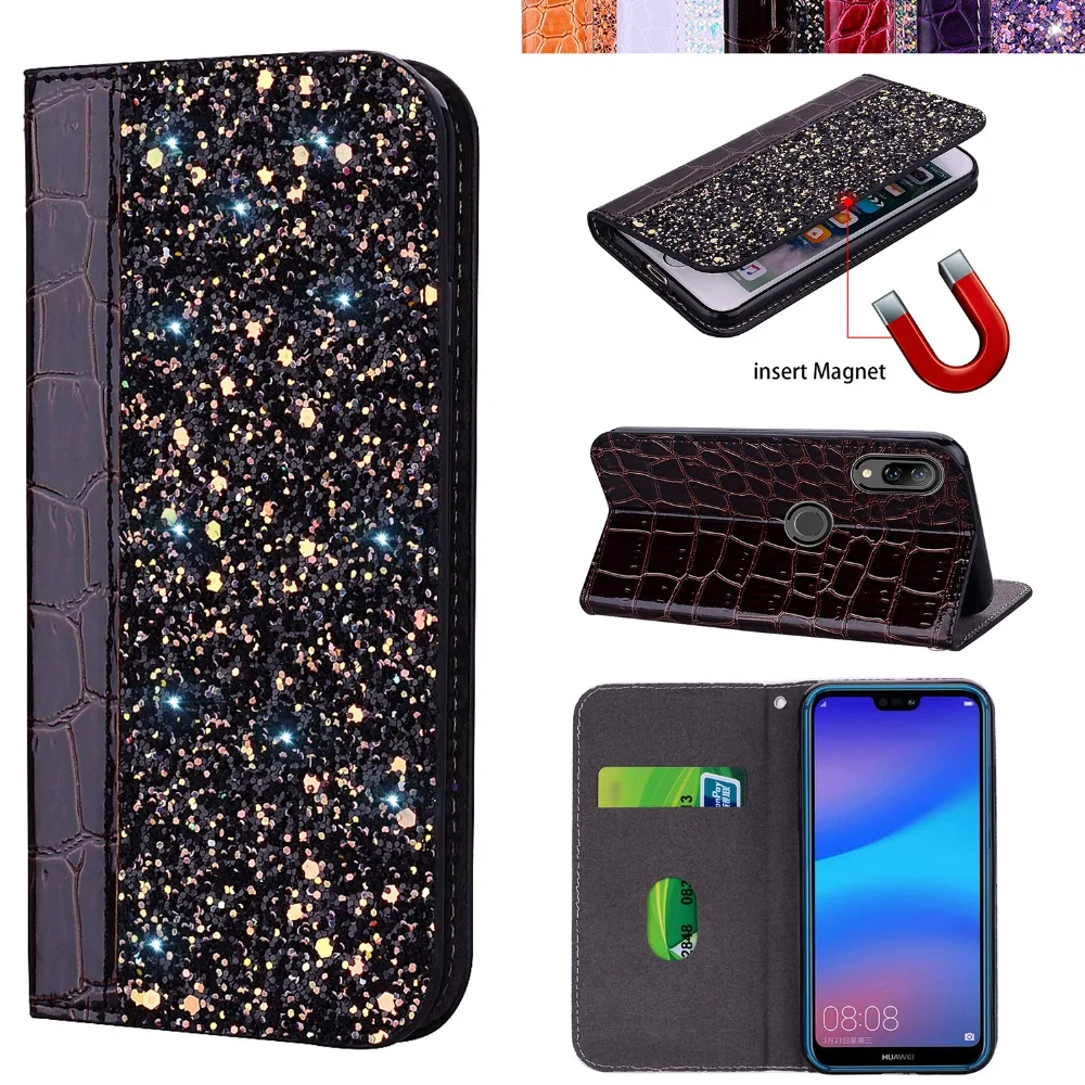 

For Huawei P Smart Plus INE-LX1 INE-LX2 Dermatoglyph Glitter Bling Case Flip Leather Phone Cover Psmart + (Russian) 6.3" 2018
