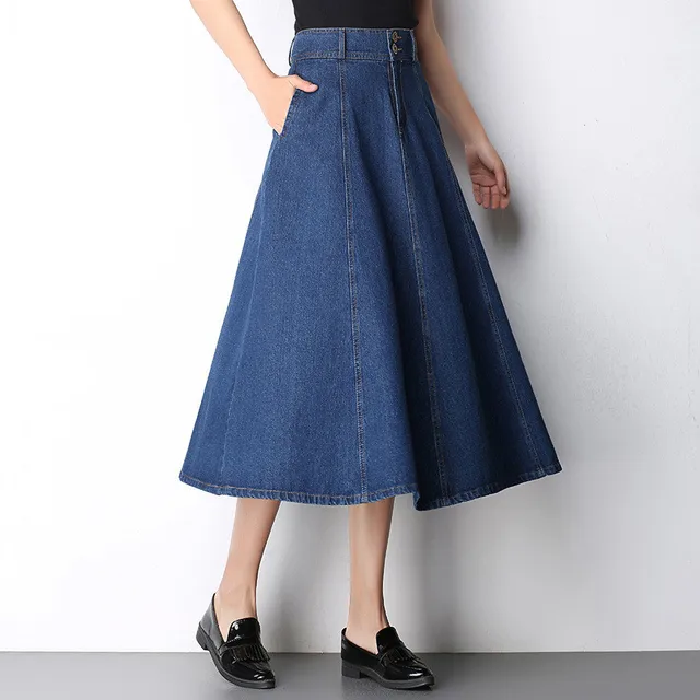 Denim Mid Calf A Line Skirts Female High Waist Fat Mm Plus Size Solid