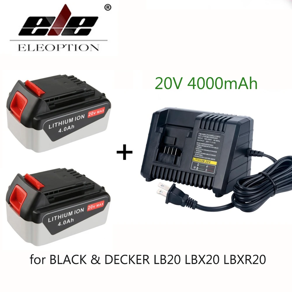 

2PCS High Quality 20V Li-ion 4000mAh Rechargeable Power Tool Replacement Battery for BLACK & DECKER LB20 LBX20 LBXR20 + Charger