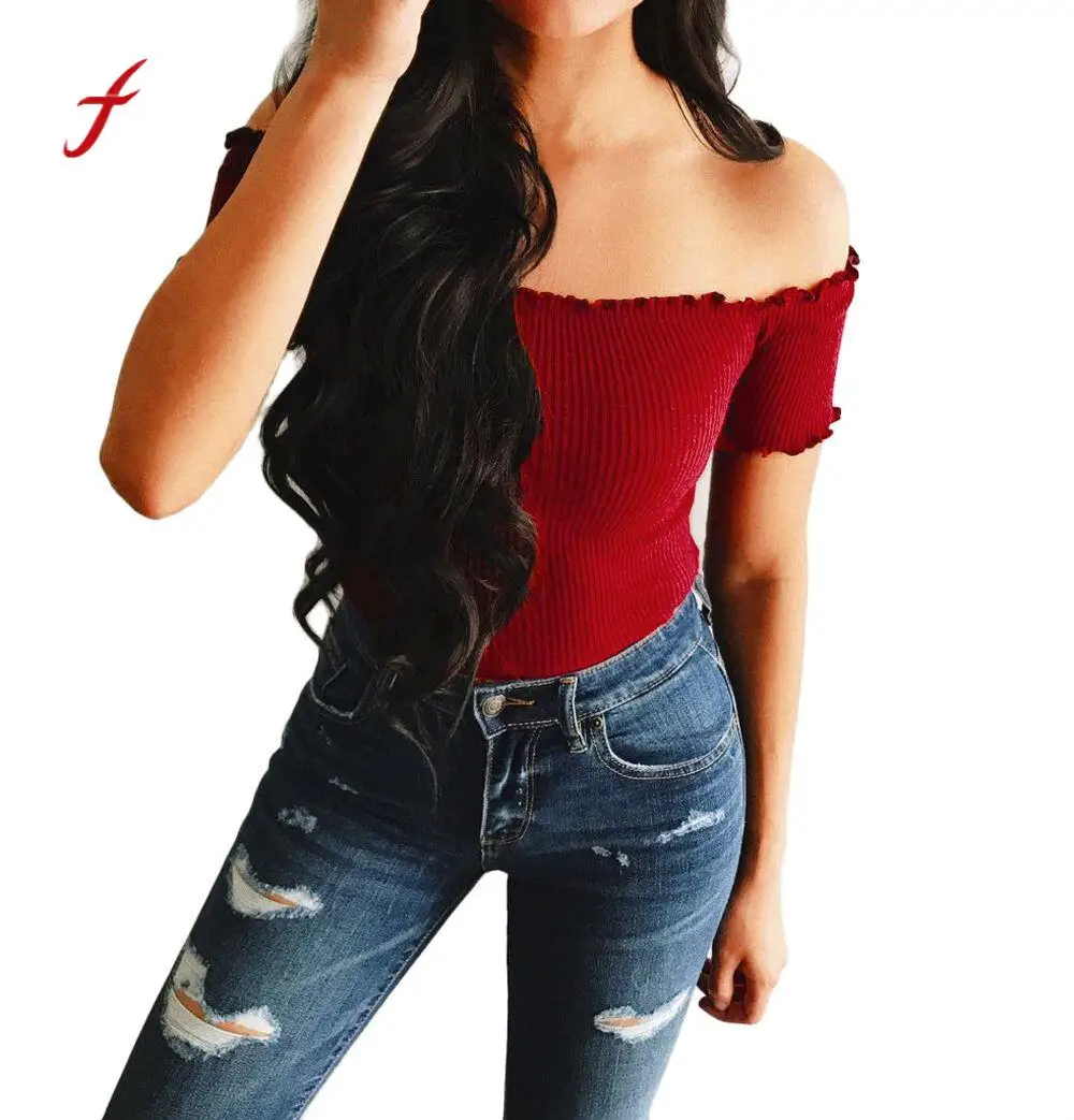 

feitong Women Female Girls Off Shoulder Sexy Solid Strapless Short Crop Tops Pullover Candy Color Clothes