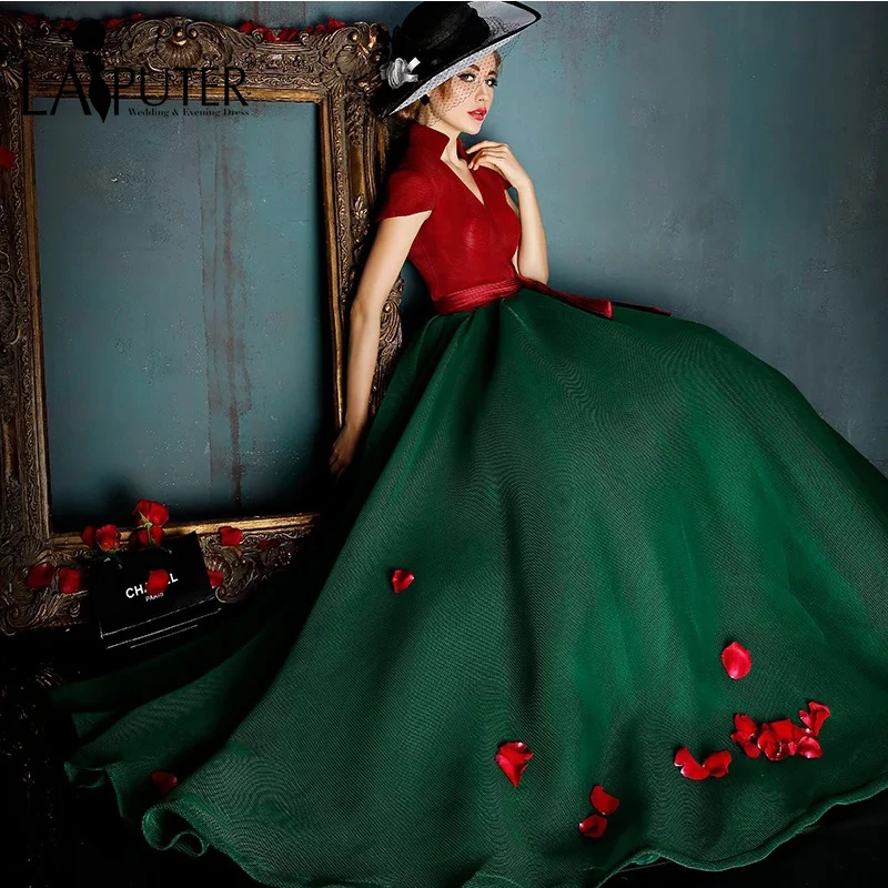 Элегантное бальное платье с V образным вырезом и коротким рукавом|evening gown|evening gown