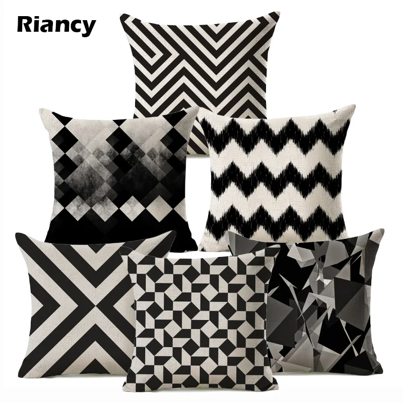 1Pcs Beige Black Geometric Pattern Cotton Linen Cushions Home Decor Throw Pillow Car Sofa Seat