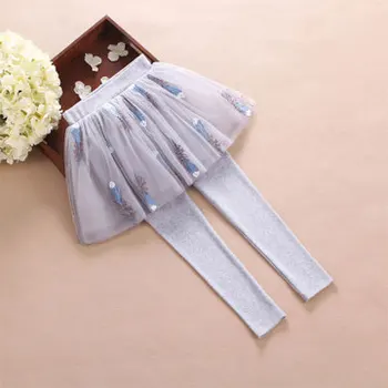 

New Design Baby Girls Feather Embroidery Pantskirt Girls Autumn Spring Leggings with Tutu Skirt Princess Dress Clothes 4-8 Years