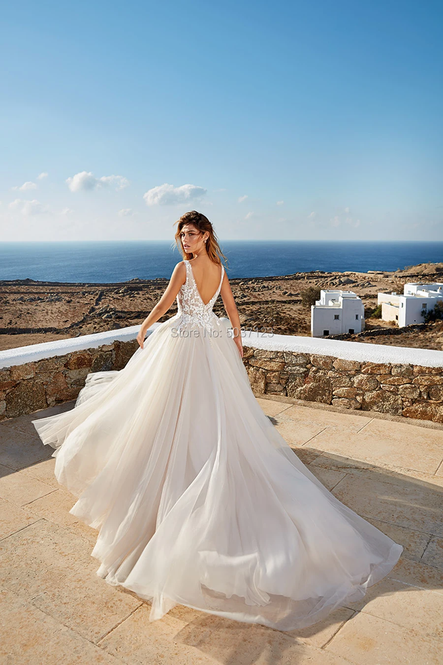 Пляжные свадебные платья тюль Vestido De Noiva A Line Глубокий v-образный вырез без рукавов с открытой спиной кружева аппликации свадебное платье Mariage