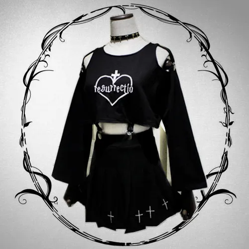 Темно-Черная Женская футболка в японском стиле Харадзюку, уличная одежда с вышивкой в виде сердца, женские короткие топы, жесткие Футболки с открытыми плечами для девушек - Цвет: Черный