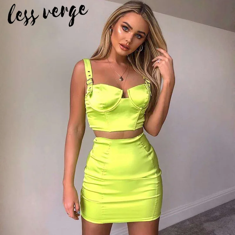 

Lessverge Fluorescence lime green 2 piece set women satin dress suit Sexy short bodycon party dress Elegant cropped club dress