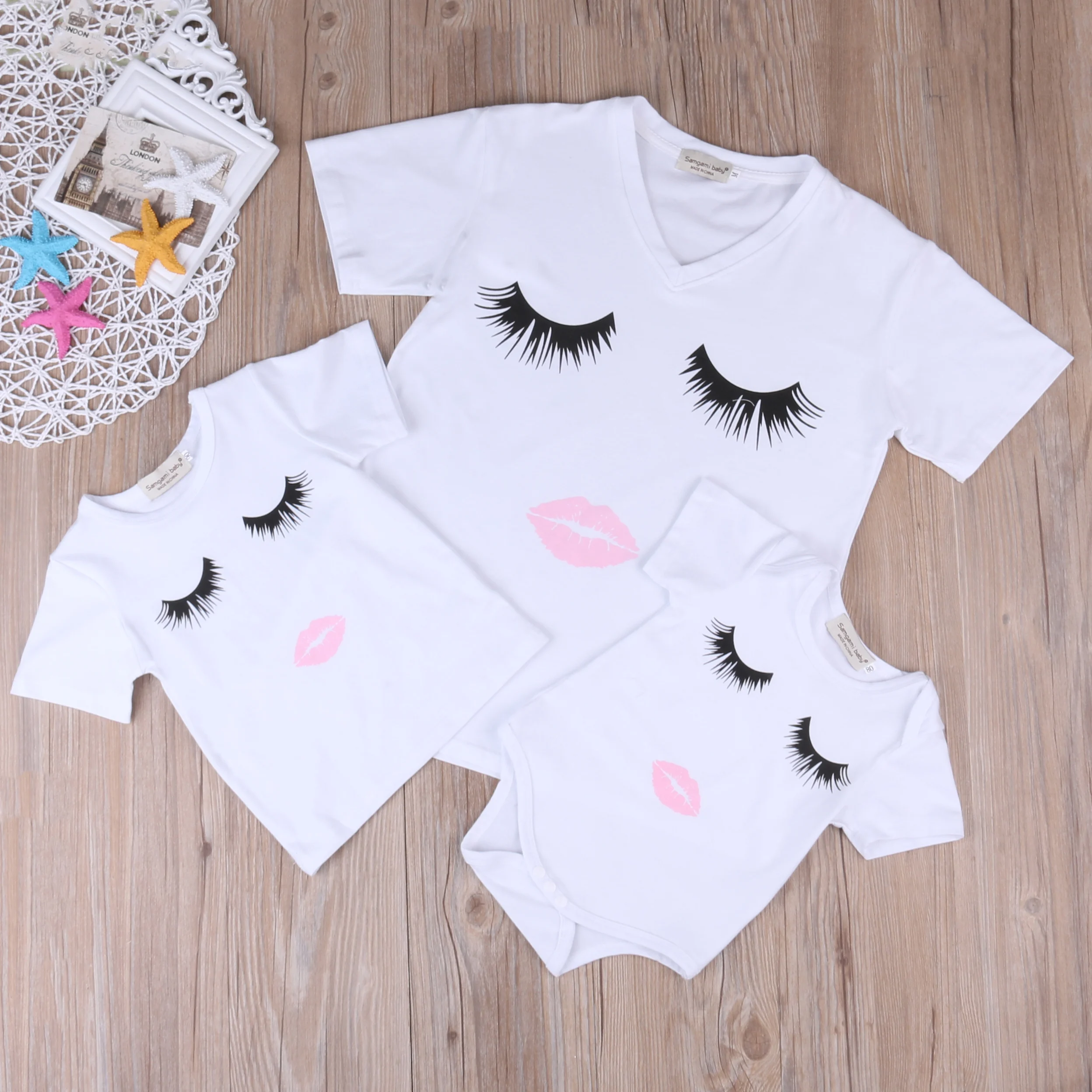 Parent-Child Outfit Eyelash Lips Printed T-Shirt Mother and Daughter Blouse Hot