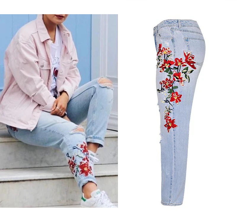 Europe and the United States women's high waist straight 3D three-dimensional heavy art around the irregular washing washed denim nine pants (2)
