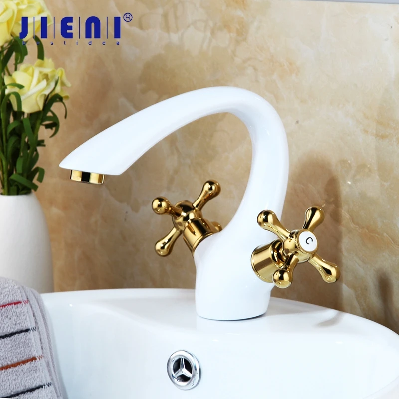 JIENI NEW Solid Brass Golden Polish 2 Handles Faucets Bathroom Basin Faucet Lavabo White Painting Tap Mixer Taps