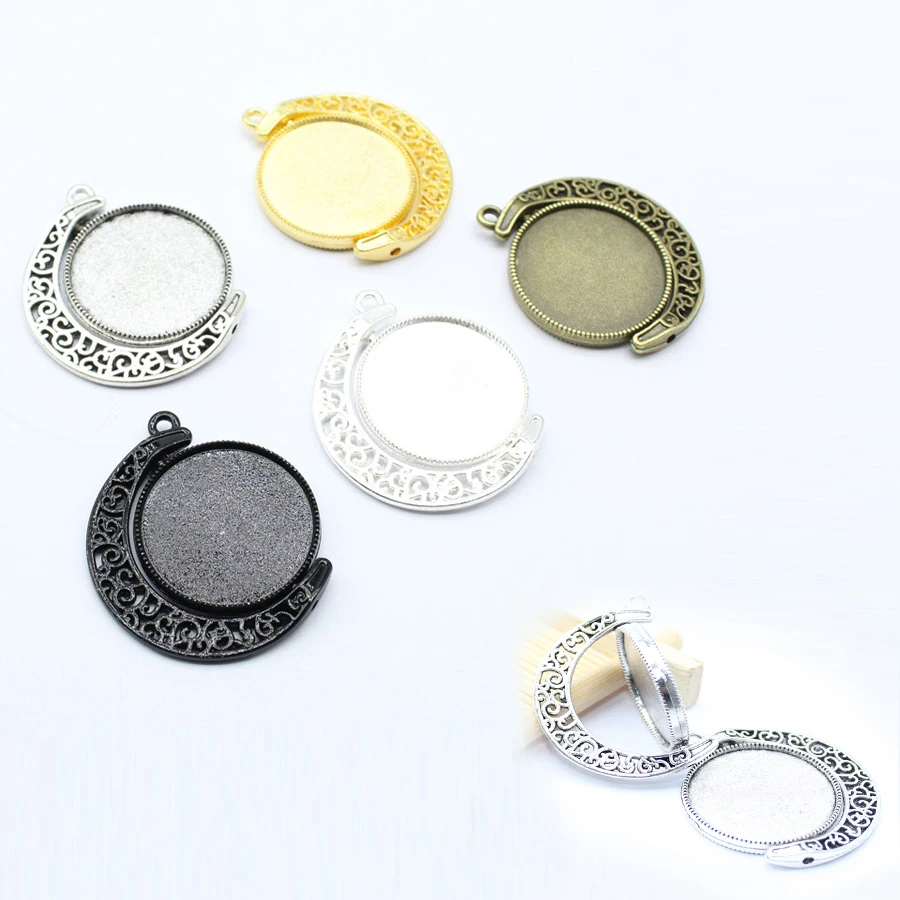 

DAWNJOE 5Color Handmade 25mm Round Rotating Hollow Moon Double sided Cabochon Base DIY Necklace Pendant Jewelry Finding