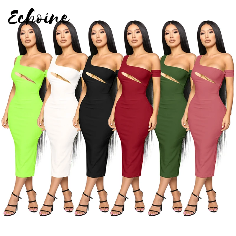 

Echoine One Shoulder Short Sleeve Asymmetrical Front Cut Out Midi Bodycon Dress Women Sexy Hollow Out Solid Long Sheath Dresses