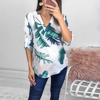 

Women Summer Blouses Shirts Flowers Leaves Pattern Printed Shirts Womens Summer V Neck Casual Shirts Tops WS8149M