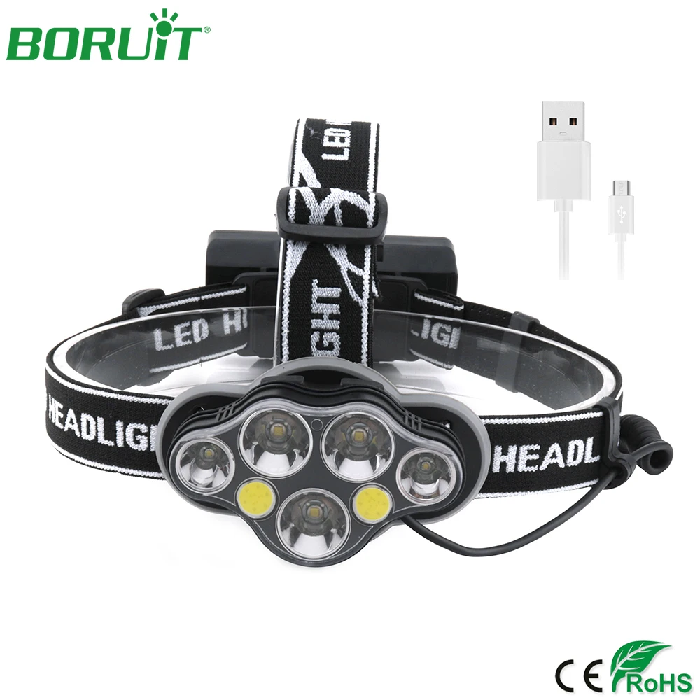 

BORUiT 7000lm LED Headlamp Headlight 8 Lighting Modes Waterproof Rechargeable Flashlight Camping Hunting Fishing Head Torch Lamp