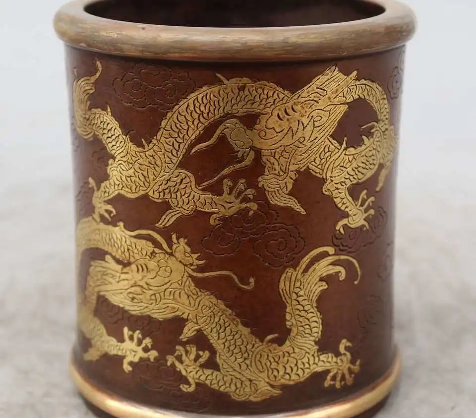 

5 Marked China Purple Bronze 24K Gold Two Dragon Beast Brush Pot pencil vase