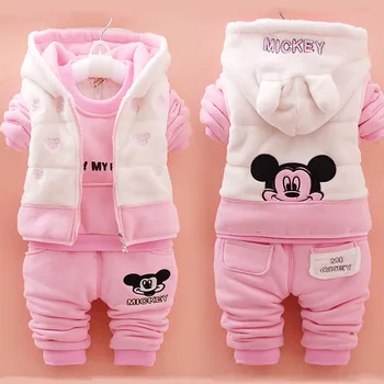 

Pink and Yellow Children's Suit Winter New Cartoon Plus Velvet Thickening Boys/girls Set Korean Version Trend Mickey Three-piece