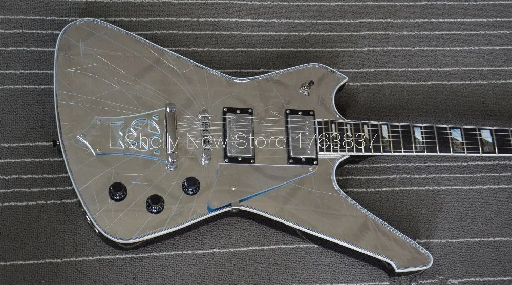 

Shelly new store factory custom Paul Stanley Crack Mirror Guitar mother pearl inlay white binding star tremolo electric guitar