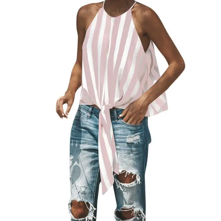2018 Autumn New Women Casual Blouses Multicolor Bohemian Striped Loose Blouse Sleeveless Bow Lace-Up Sexy Shirt Blouses