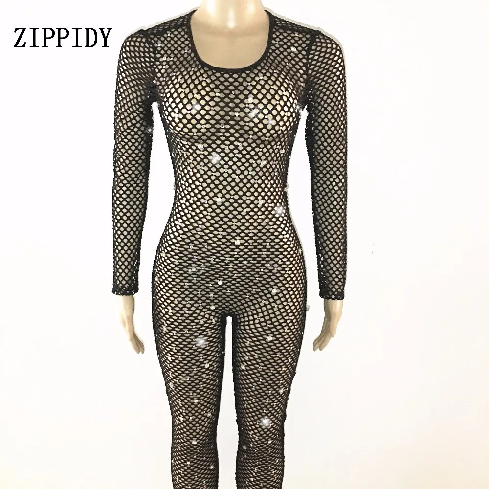 

Black Grid Hollow Crystals Jumpsuit Sexy Dance Wear Perspective Bodysuit Women's Evening Party Female Singer Costume Show Outfit