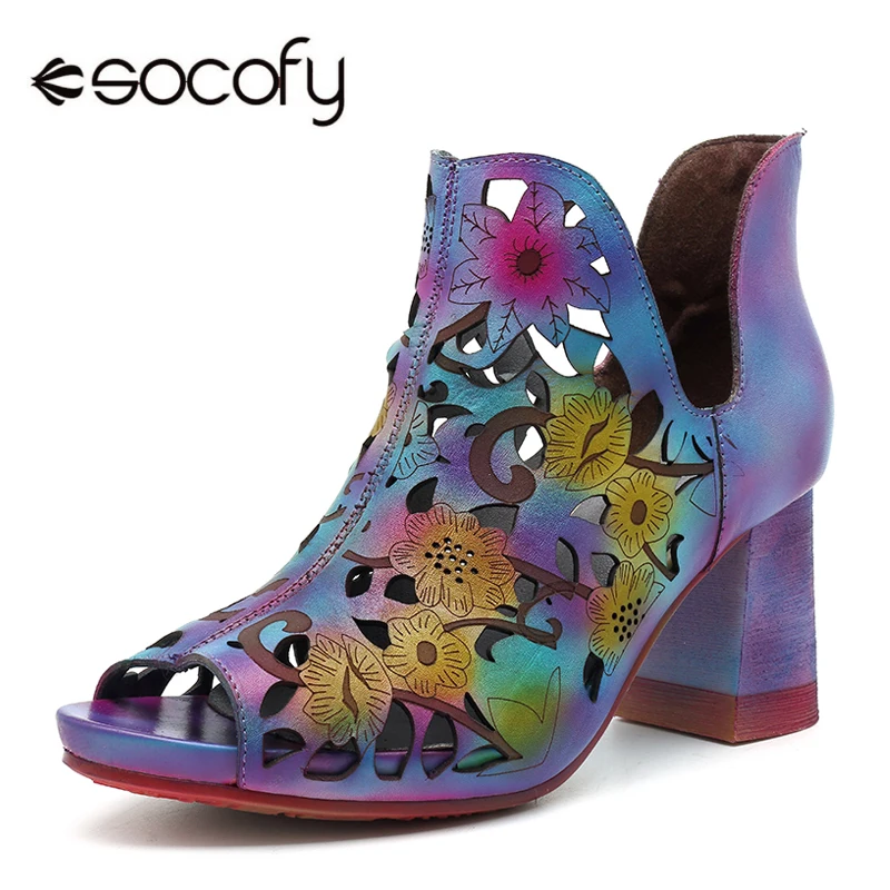 comprar Socofy Oca out Sapatos de Couro Genuíno Do Vintage Impresso Tornozelo Sandálias Mulheres Sapatos Slip on Saltos Peep Toe Cobertura sandálias boêmio